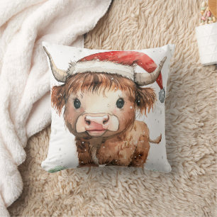 Coussin Vache Sweet Highland à Santa Hat Blanc
