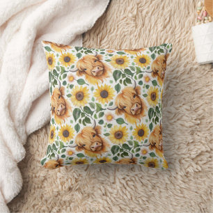 Coussin Vaches Highland et fleurs de tournesol jaune