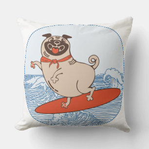 Coussin Vague à cheval heureux chien de carlin sur le surf