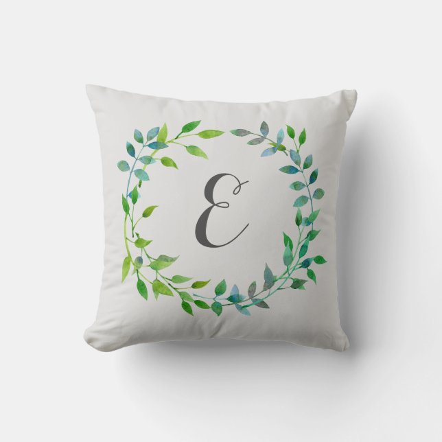 Coussin Vague de feuilles vertes d'aquarelle| Monogramme (Recto)