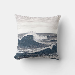 Coussin Vague océanique en monochrome de ligne artistique