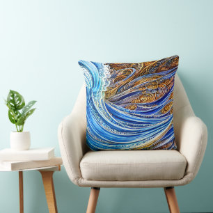 Coussin Vagues Abstraites en bleu et en or