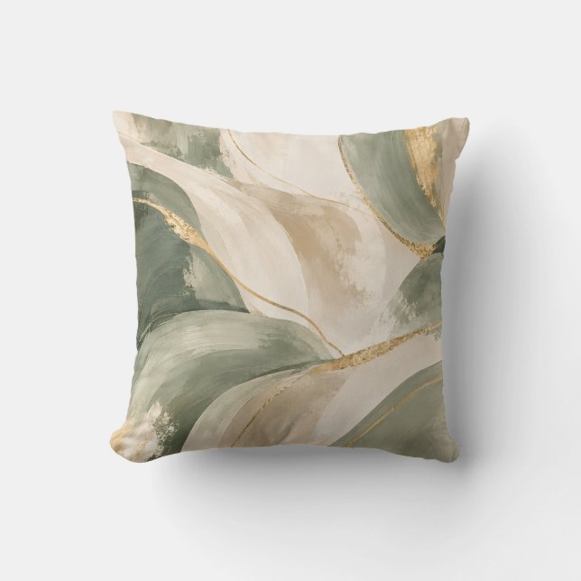 Coussin Vagues Abstraites Vert Sauge et Or (Recto)