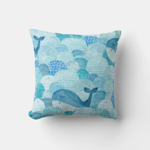 Coussin Vagues, baleine, texture bleu enfantine