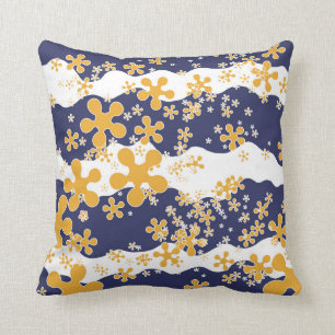 Coussin Vagues, bleu marine, jaune moutarde, blanc, fleur
