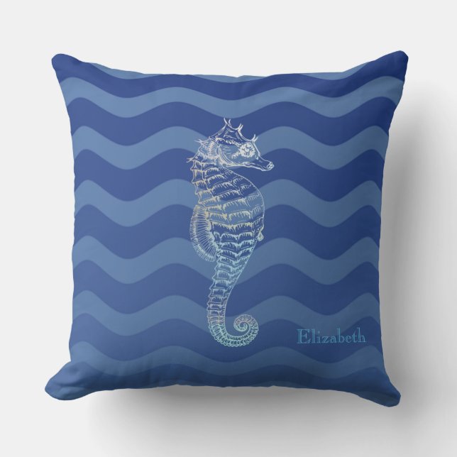 Coussin Vagues bleues marine nautiques, hippocampe (Recto)