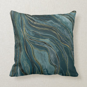 Coussin Vagues d'aquarelle Abstraite or bleu