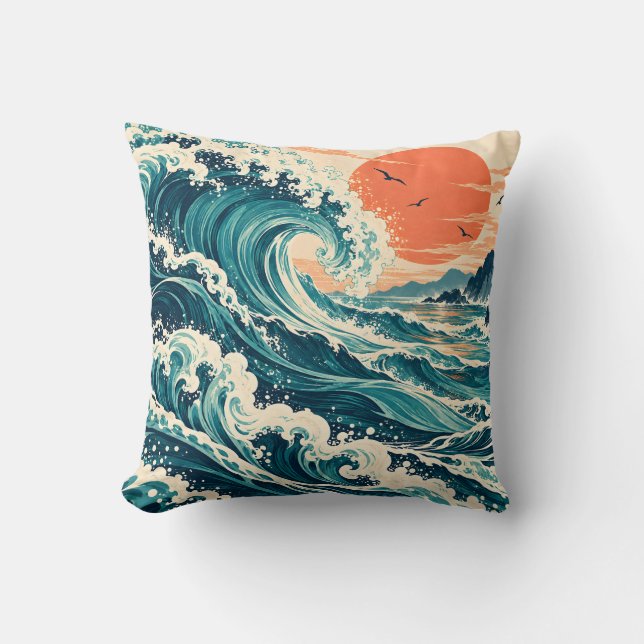 Coussin Vagues de l'océan sarcelle Corail Soleil (Recto)