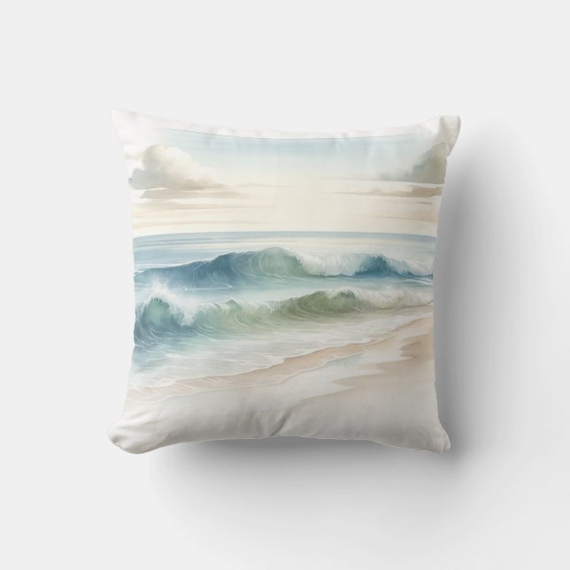Coussin Vagues de plage à l'aquarelle Rustique Côtière  (Recto)