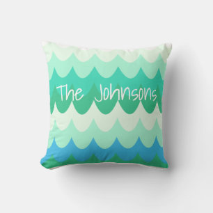 Coussin Vagues géométriques bleues, vertes et Turquoises