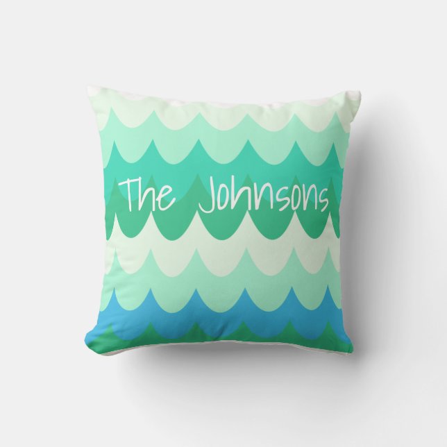 Coussin Vagues géométriques bleues, vertes et Turquoises (Recto)