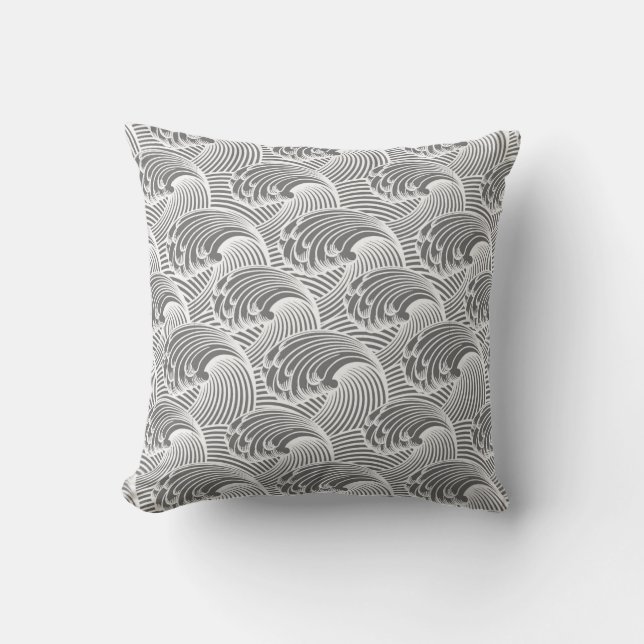Coussin Vagues japonaises vintages, gris / gris / blanc (Recto)