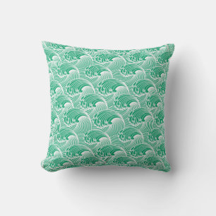 Coussin Vagues japonaises vintages, Jade Green et White Th