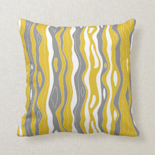 Coussin Vagues, lignes, moutarde jaune, gris, blanc