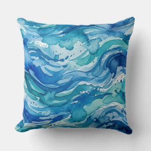 Coussin Vagues océaniques abstraites à l'aquarelle bleue