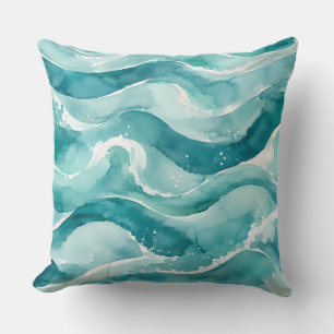 Coussin Vagues océaniques abstraites aquarelle turquoise