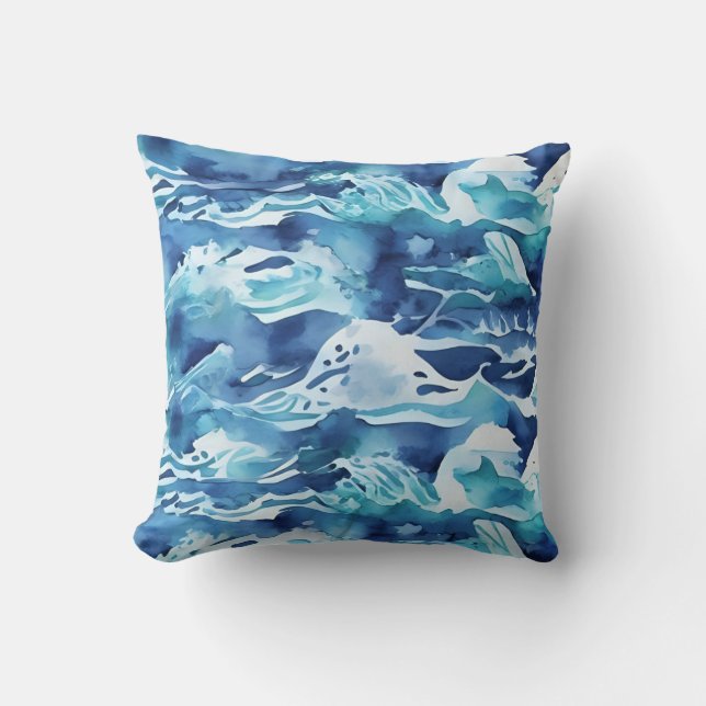 Coussin Vagues océaniques | Aquarelle sarcelle bleu aqua (Recto)