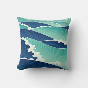 Coussin Vagues océaniques bleu sarcelle de style japonais