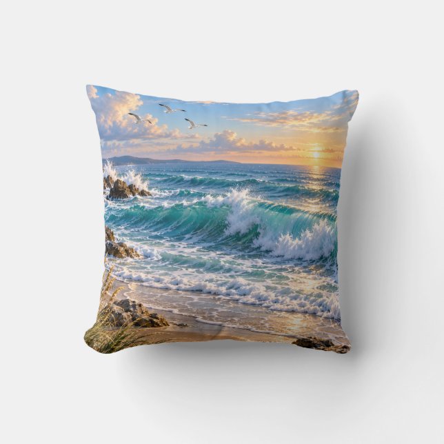 Coussin Vagues océaniques Coucher de soleil côtier (Recto)