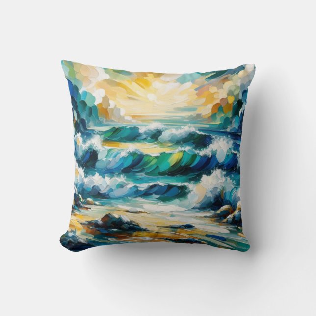 Coussin Vagues Océaniques Et Lever De Soleil Peinture Abst (Recto)