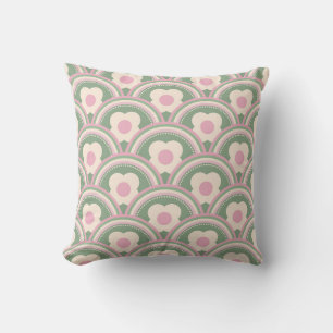 Coussin Vagues Rétro et Fleurs Rose et Vert