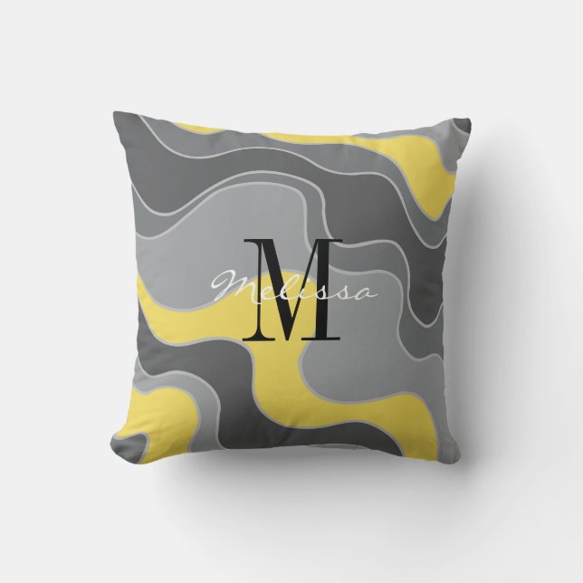 Coussin Vagues tendance jaune et gris de l'océan Monogramm (Recto)
