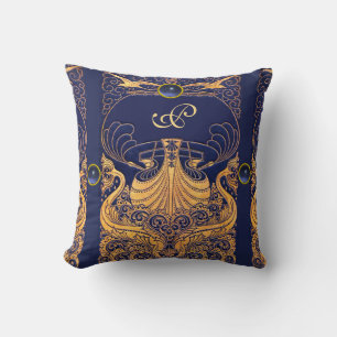Coussin Vaisseau antique, Dauphins, Or, Monogramme bleu ma