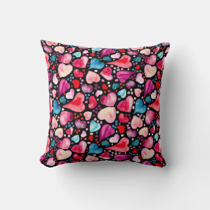 Coussin Valentina- Coeurs d'aquarelle et Confetti sur Noir