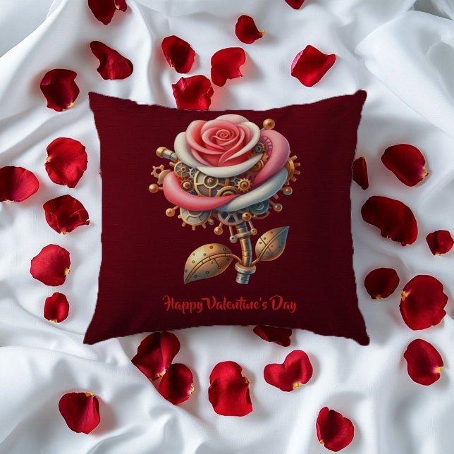 Coussin Valentine Burgundy Rose Blanc Steampunk Roses (Créateur téléchargé)