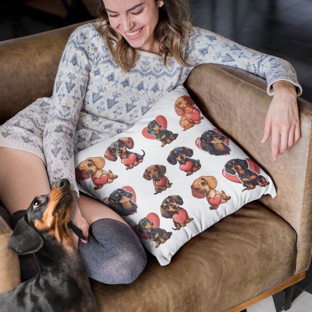 Coussin Valentine Dachshund Aquarelle coeur chien (Valentine Dachshund Watercolor dog heart Throw Pillow)