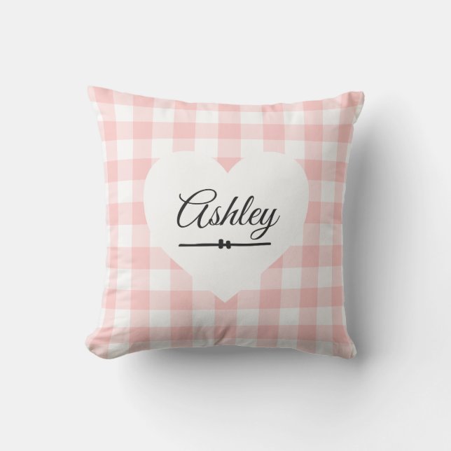 Coussin Valentine rose En vichy blanc Coeur Nom (Recto)