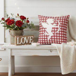 Coussin Valentine’s Day Cupid Red and White Plaid Gingham