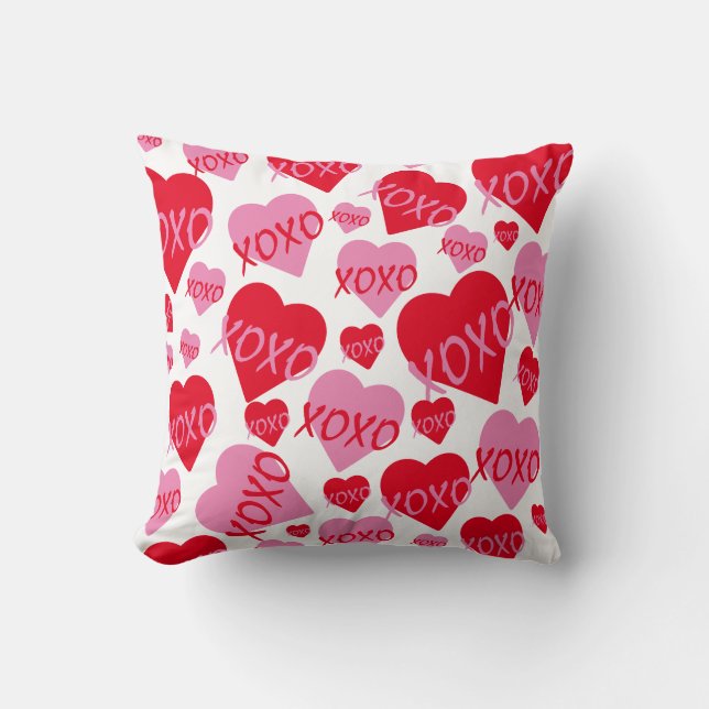 Coussin Valentine XOXO Coeur rose rouge Motif blanc (Recto)
