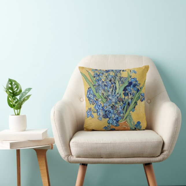 Coussin Van Gogh Irises Vase Or Mur Bleu Fleurs Art (Chaise)