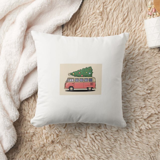 Coussin Van rose avec sapin de Noël (Couverture)