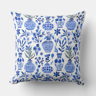 Coussin Vase à motif de chinoiserie bleu blanc vert