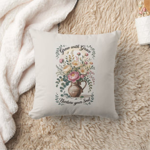 Coussin Vase avec florale grandit avec citation de grâce