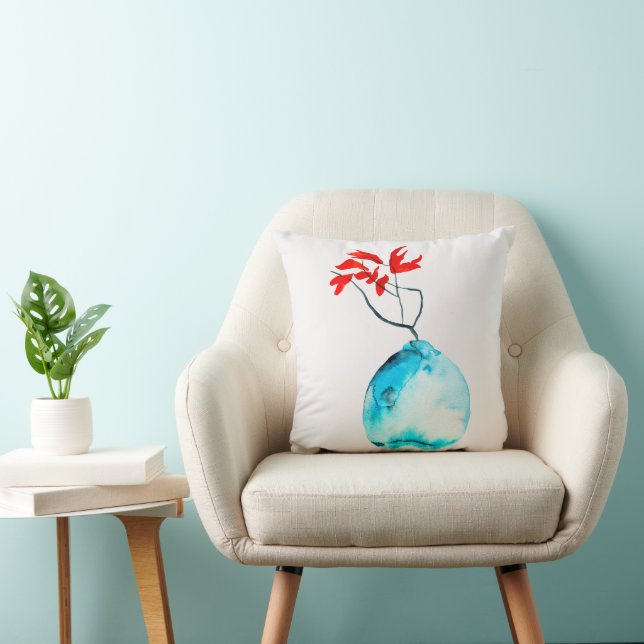 Coussin Vase bleu Ikebana aquarelle art (Chaise)
