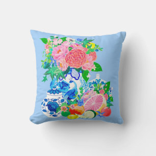 Coussin Vase Chinoiserie Peacock avec des pivoines et des