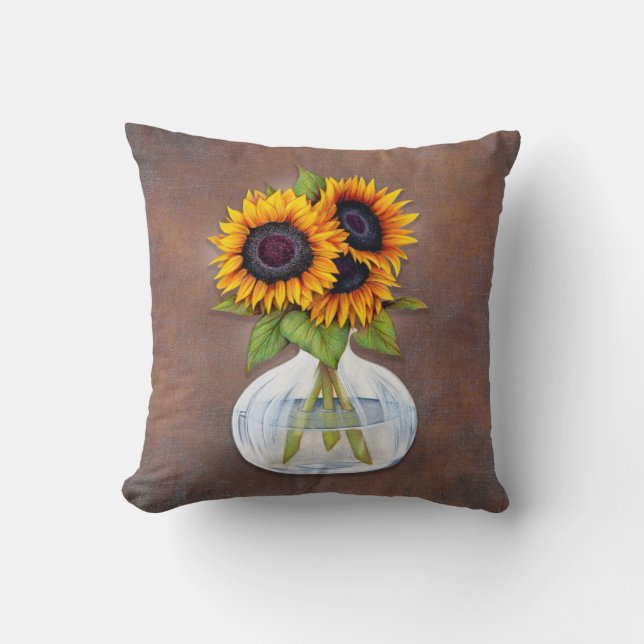 Coussin Vase de beaux tournesols sur marron rustique (Recto)