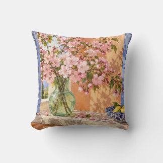 Coussin Vase de fleurs de cerisier aux volets bleus et fen