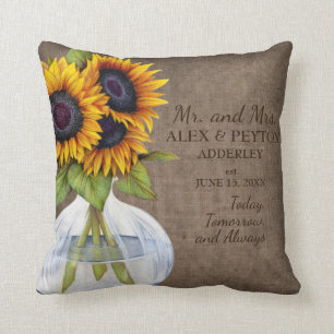 Coussin Vase de tournesols rustiques mariage toile de jute