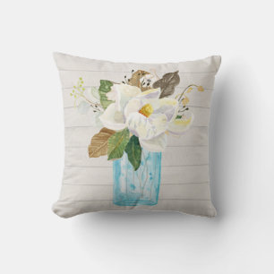 Coussin Vase de verre bleu floral en bois blanc rustique M