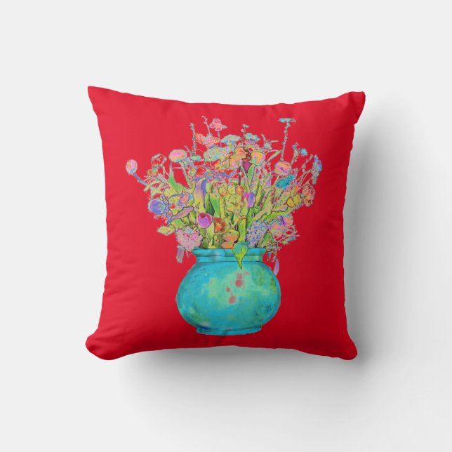 Coussin Vase Turquoise de bouquet traditionnel en rouge (Recto)