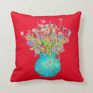 Coussin Vase Turquoise de bouquet traditionnel en rouge