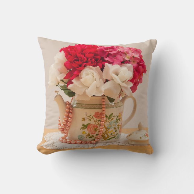Coussin Vase vintage de Fleurs à la théière (Recto)