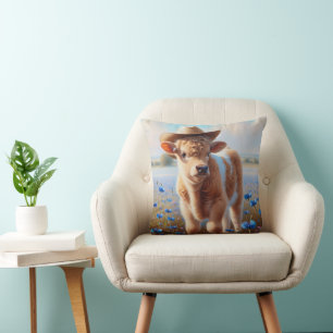 Coussin Veau Avec Casquette Cowboy En Pâturage