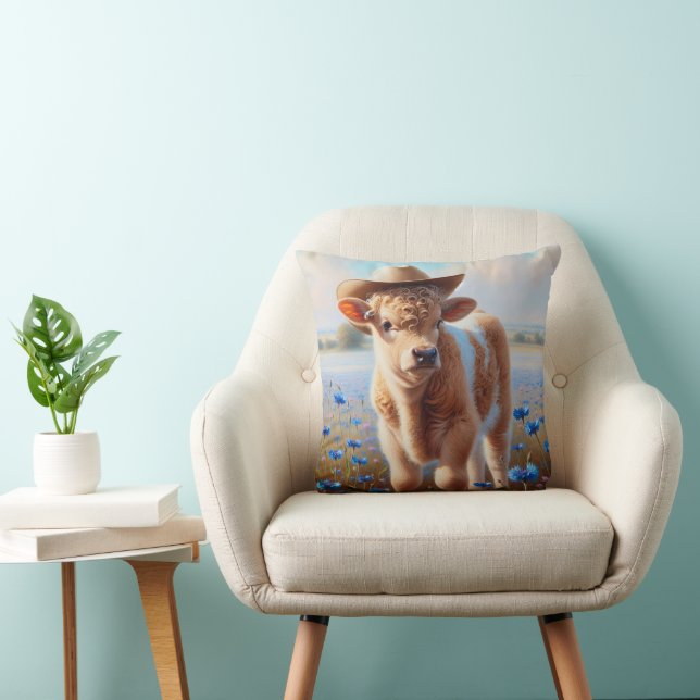 Coussin Veau Avec Casquette Cowboy En Pâturage (Chaise)