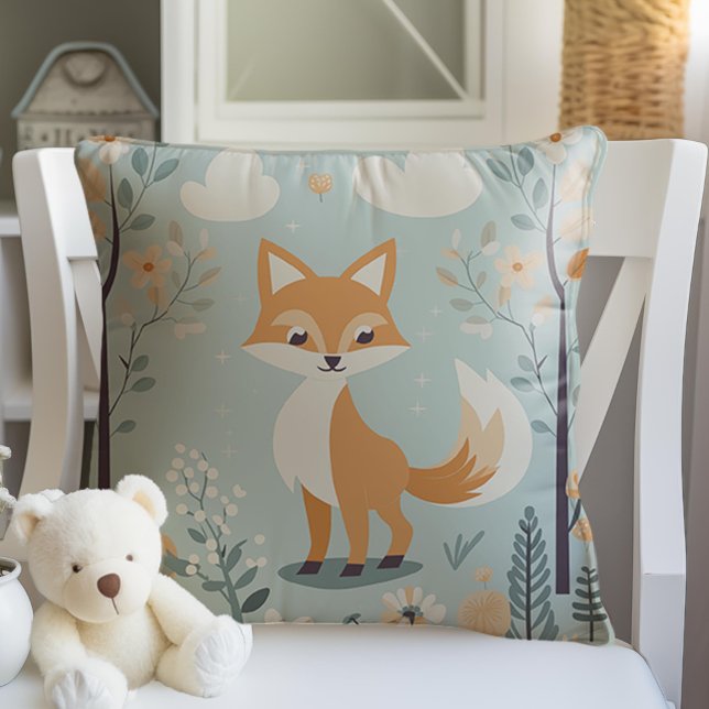Coussin Végétal Animal Fox Thématique, Bleu Baby Boy Nurse (Blue woodland fox, Cute Animals, Baby Boy Nursery Pillow,)