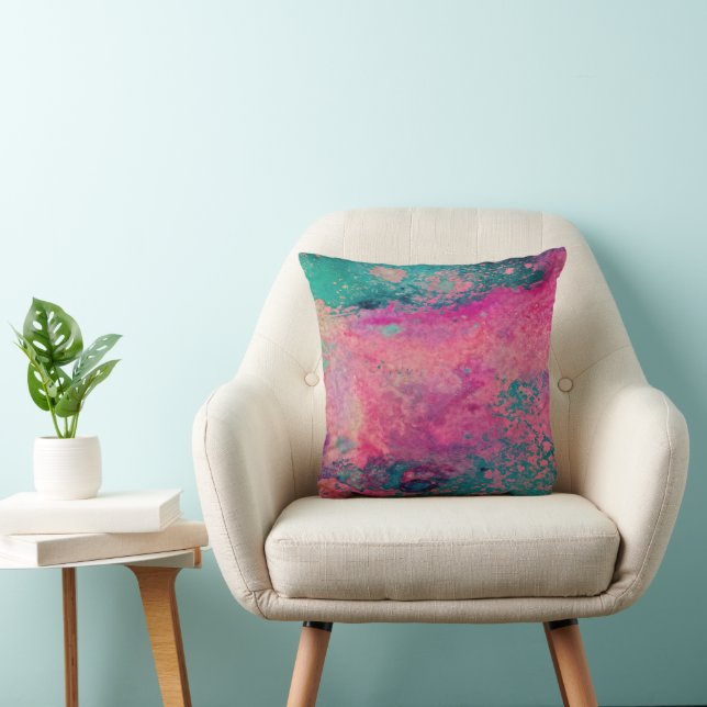Coussin “Vélin éthéré” – Abstrait bleu sarcelle rose    (Chaise)